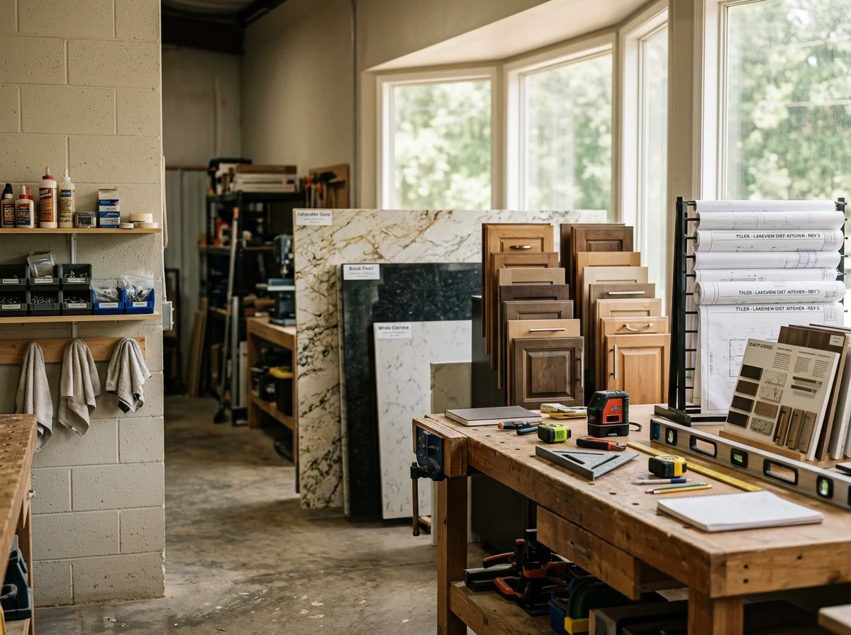 A well-organized construction site or workshop showing tools and materials ready for residential remodeling projects.