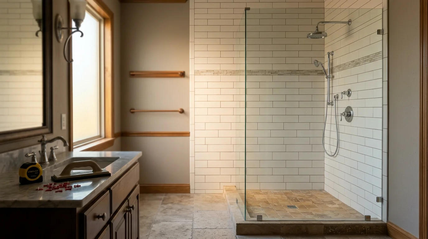 Luxury bathroom with custom tile shower, new flooring, and modern fixtures