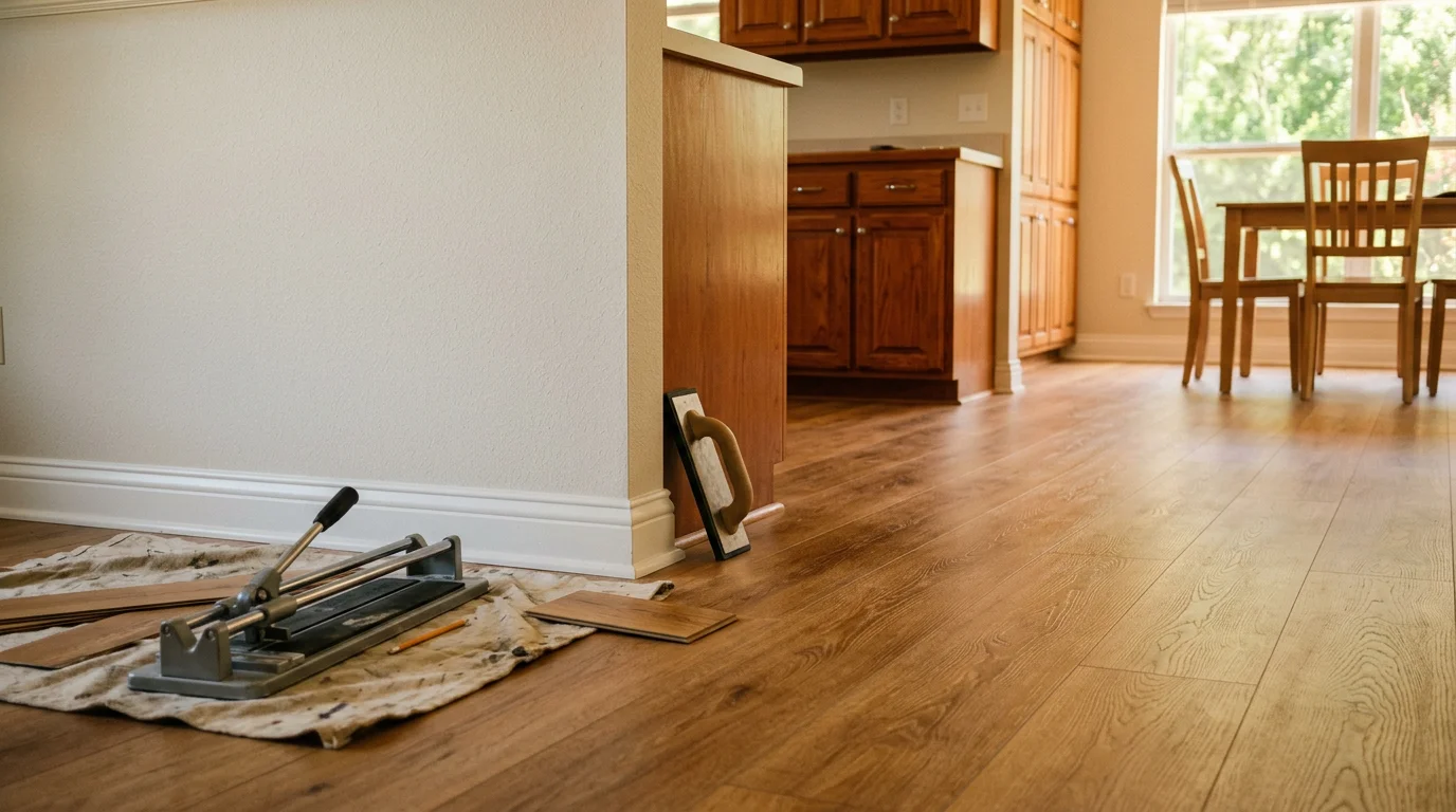 Newly installed tile flooring in a modern kitchen