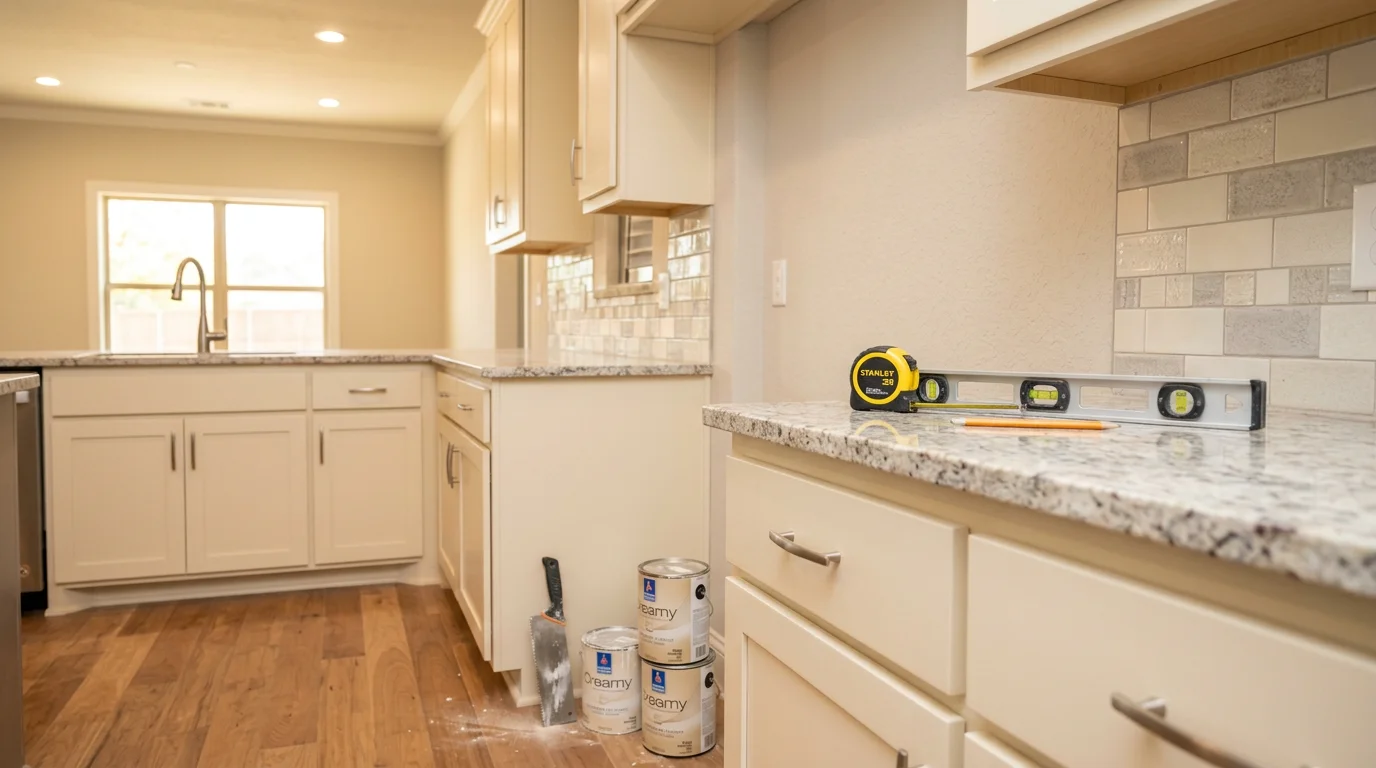 Modern kitchen with custom cabinets, granite countertops, and new flooring