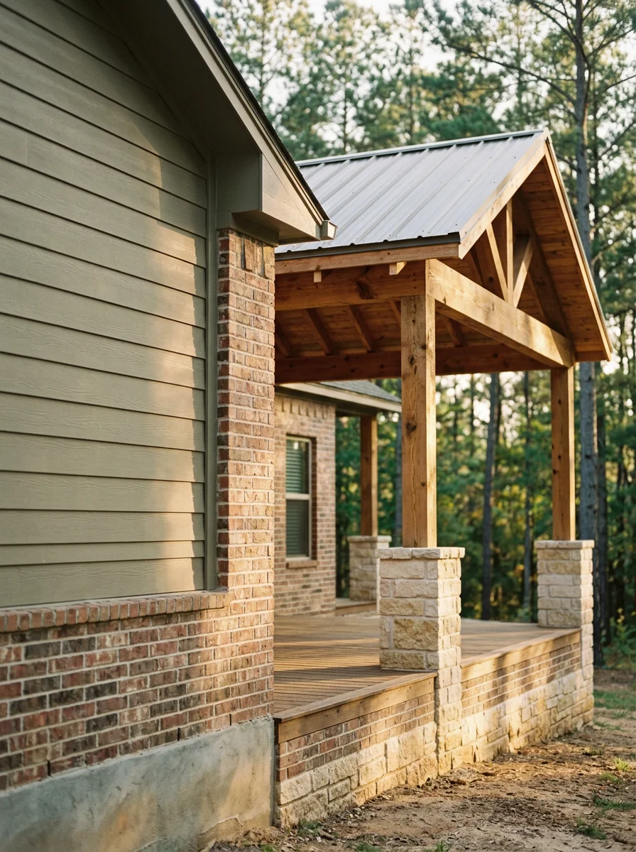 Covered deck addition on a Bullard, TX property with pine trees in the background and brick-and-stone exterior matching the main home.