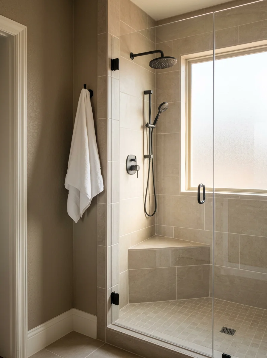 Custom walk-in shower installation in a Lindale, TX home near Hideaway Lake with large-format tile and a built-in bench.