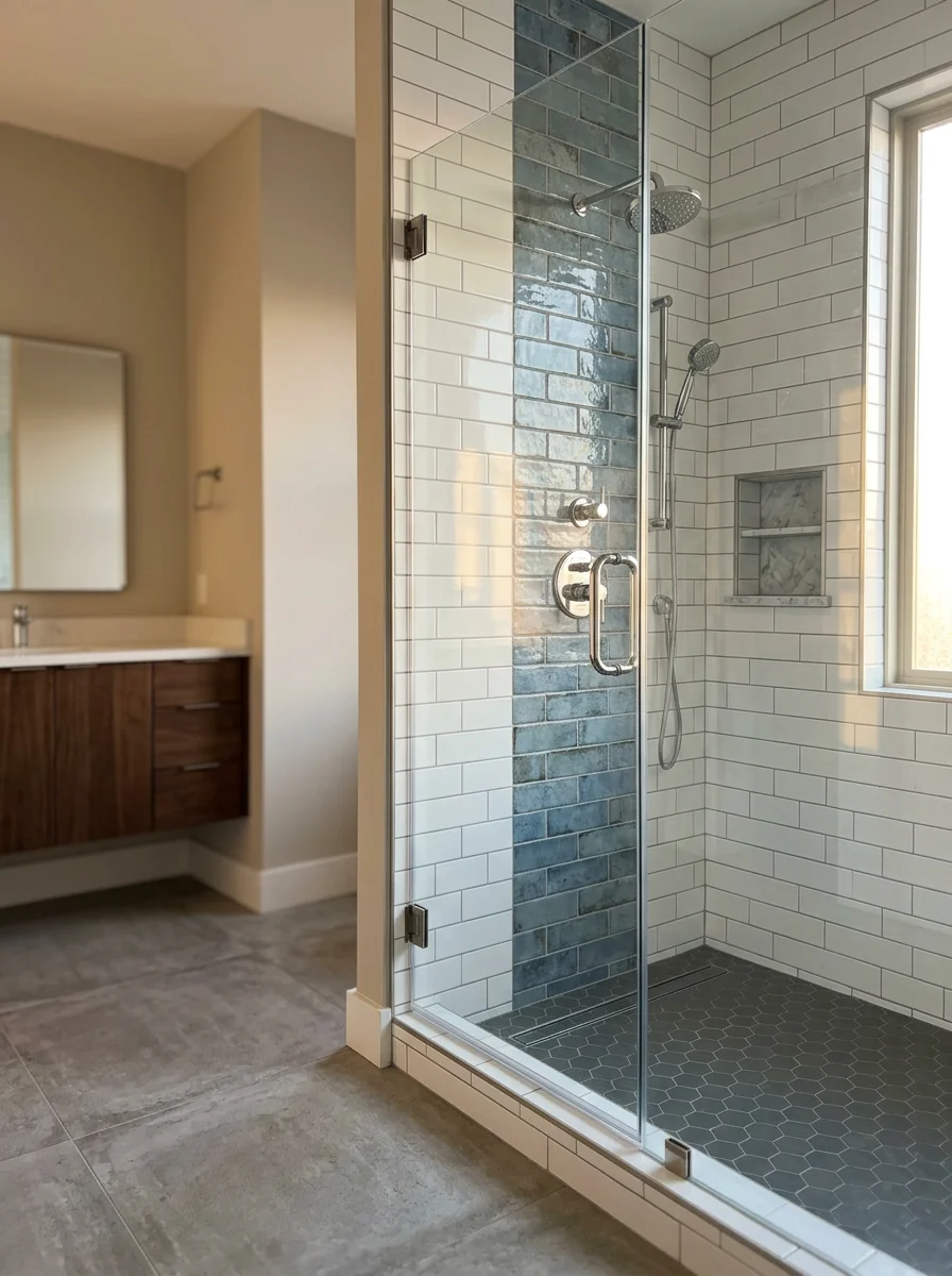 Custom tile shower installation in a Tyler, TX bathroom remodel with floor-to-ceiling tile and frameless glass.