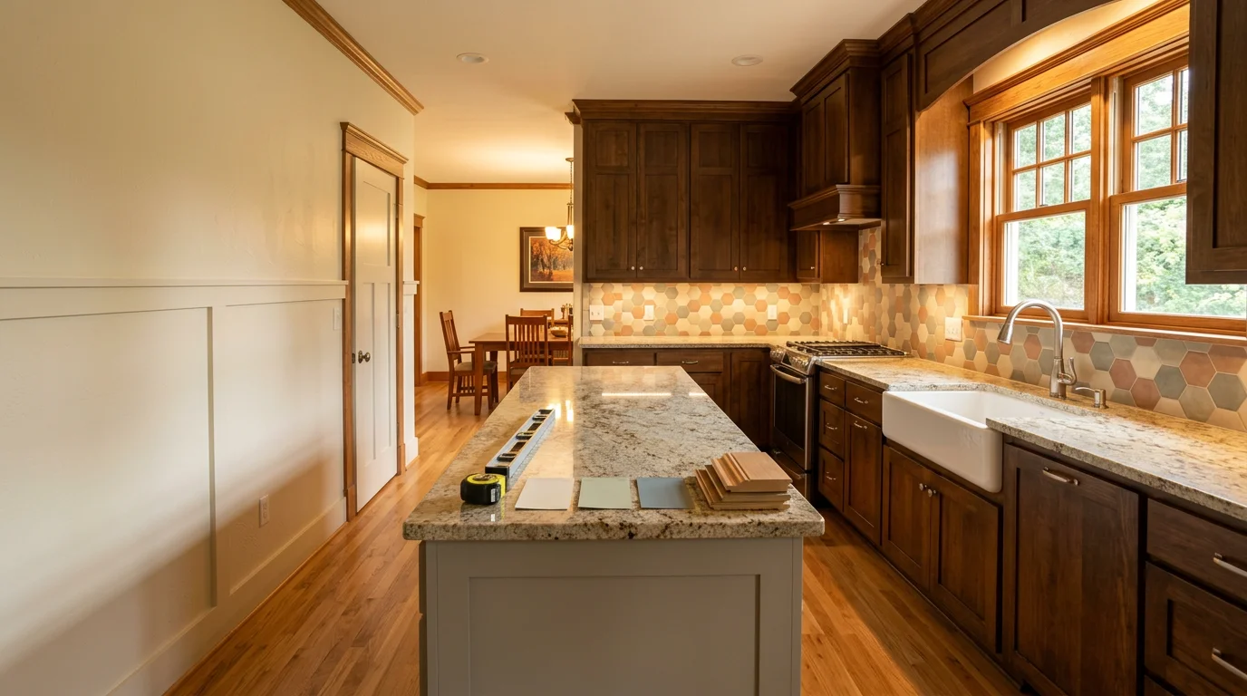 Craftsman-style home interior in Tyler, TX showing a remodeled kitchen with custom tile backsplash and new hardwood flooring.