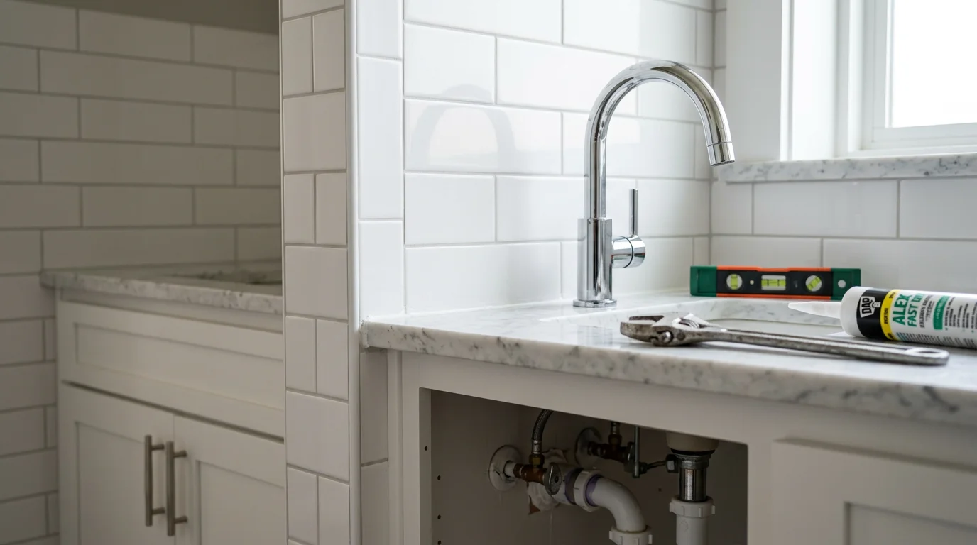 Newly installed bathroom faucet and sink fixture in a residential bathroom in Tyler, TX, showing clean plumbing connections and a finished vanity surface. The installation reflects high-end remodeling quality typical of Unique Designs ETX LLC projects across East Texas.