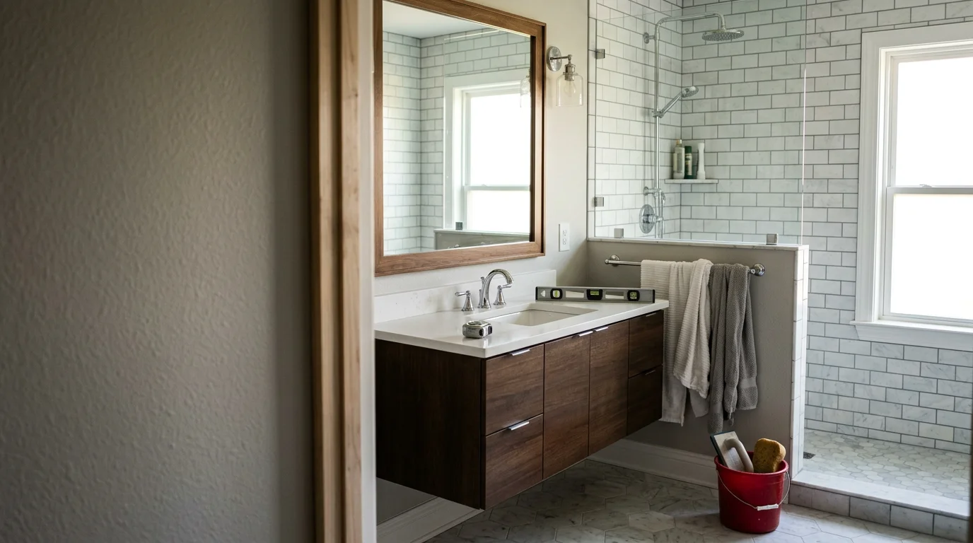 Finished bathroom remodel in a Tyler, TX home showing a new vanity, updated wall finishes, and clean tile work. The space reflects high-end residential remodeling quality delivered by Unique Designs ETX LLC.