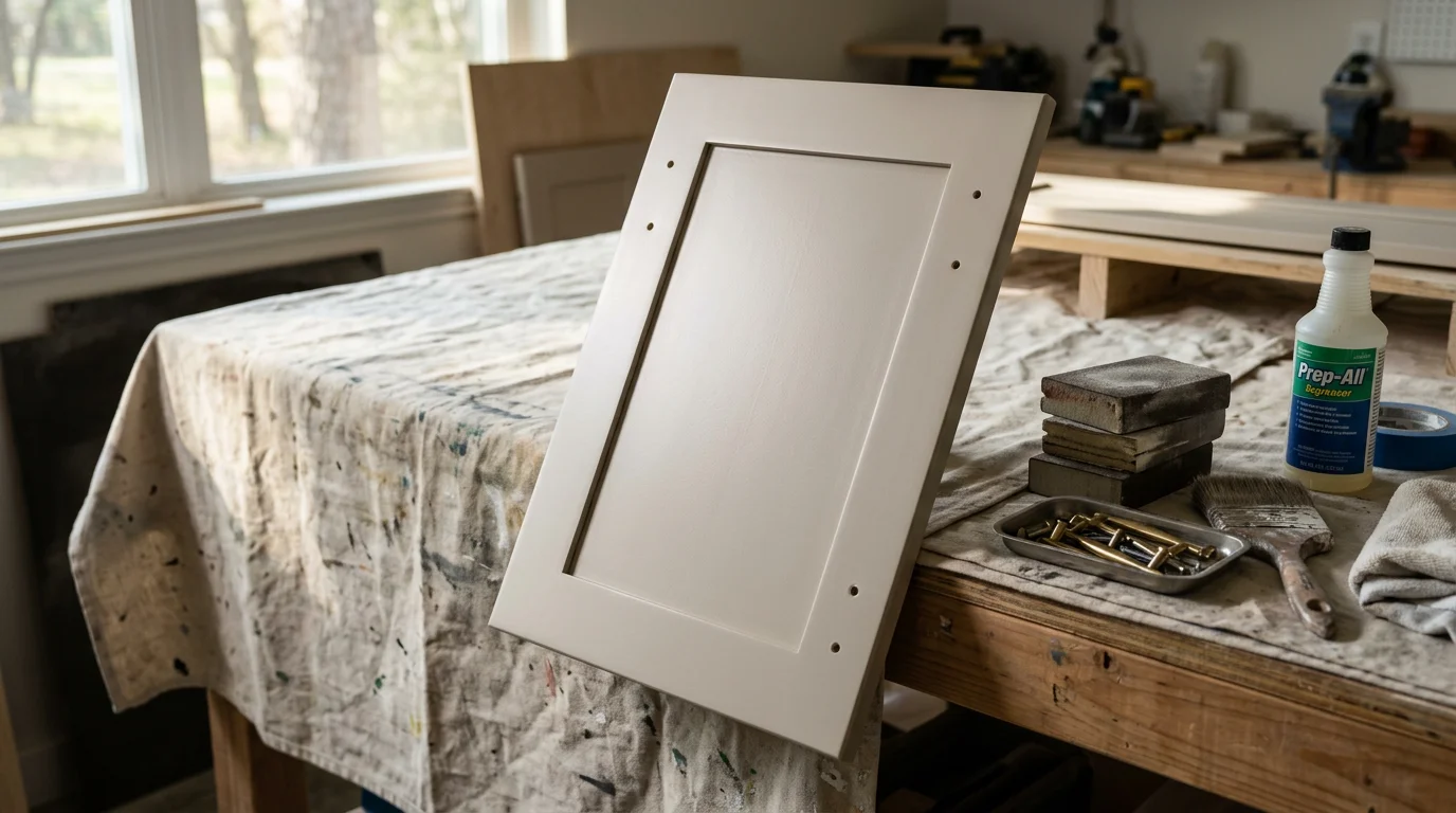Freshly painted white kitchen cabinets in a residential home in Tyler, TX, with smooth brushstroke-free finish on doors and drawer fronts. Cabinet boxes and surrounding countertops are clean and undamaged, showing the result of professional cabinet painting prep and application.
