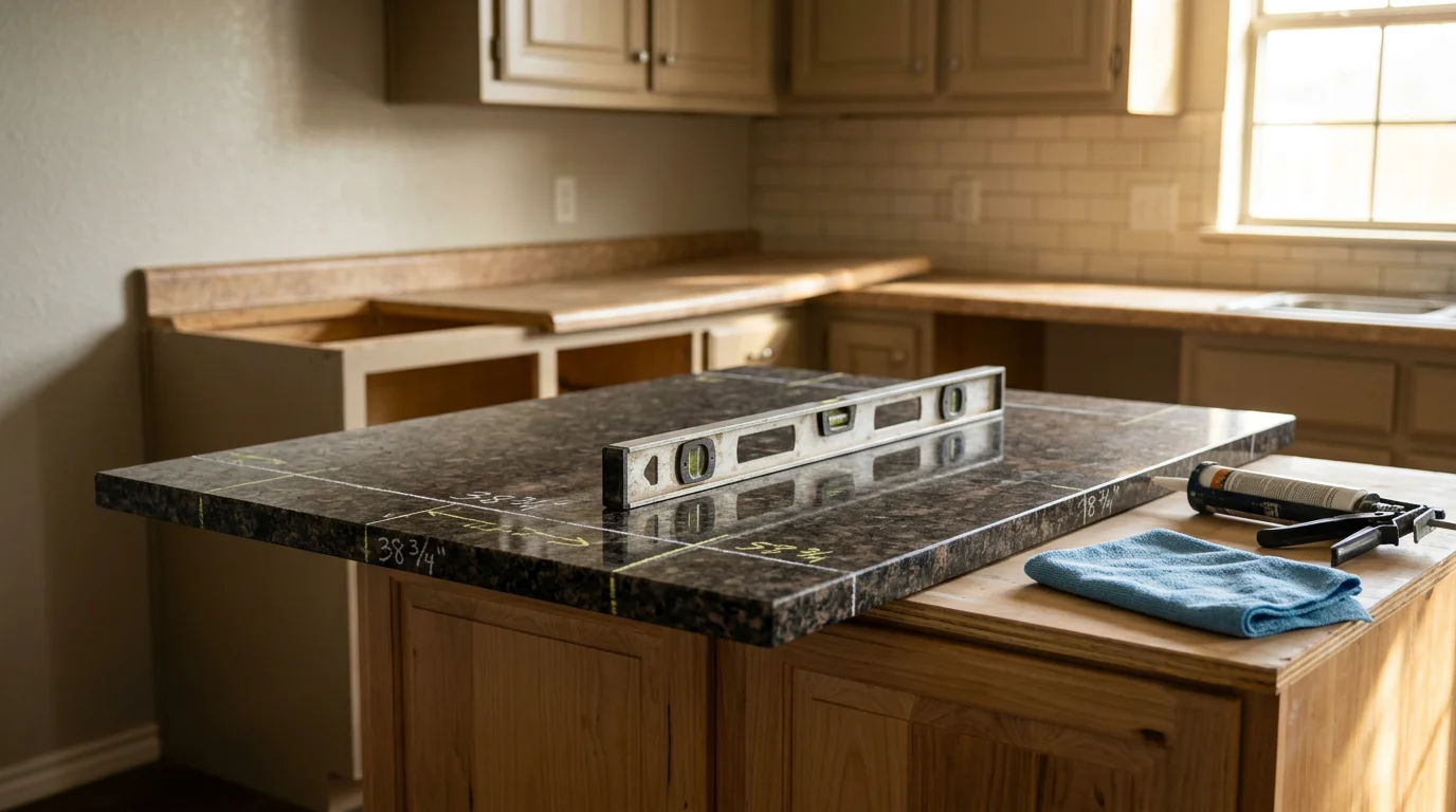 Newly installed kitchen countertop in a residential home in Tyler, TX, showing a clean surface fit flush against painted cabinets with a cutout for an undermount sink. The kitchen reflects a high-end finish consistent with East Texas residential remodeling work.