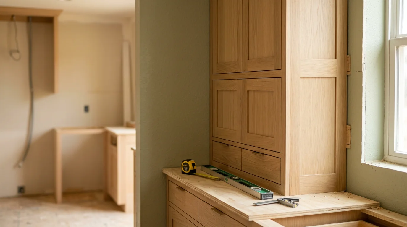 Newly installed custom kitchen cabinets in a residential home in Tyler, TX, showing floor-to-ceiling cabinetry fitted flush against the walls with aligned doors and drawer fronts.