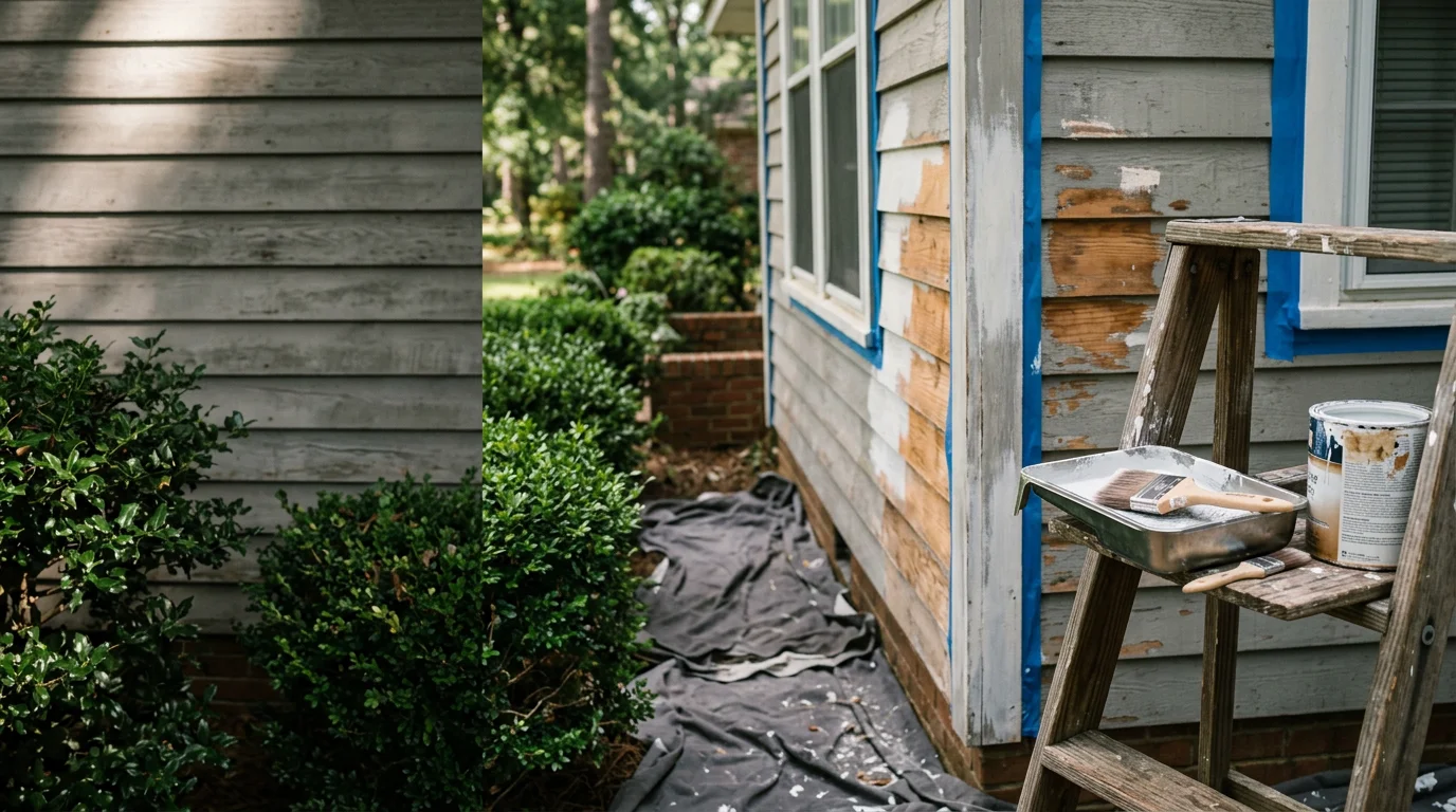 A freshly painted single-family home exterior in Tyler, TX with clean siding and crisp trim showing a completed residential exterior painting project. The home sits in a tree-lined East Texas neighborhood with no visible peeling, fading, or mildew on the painted surfaces.