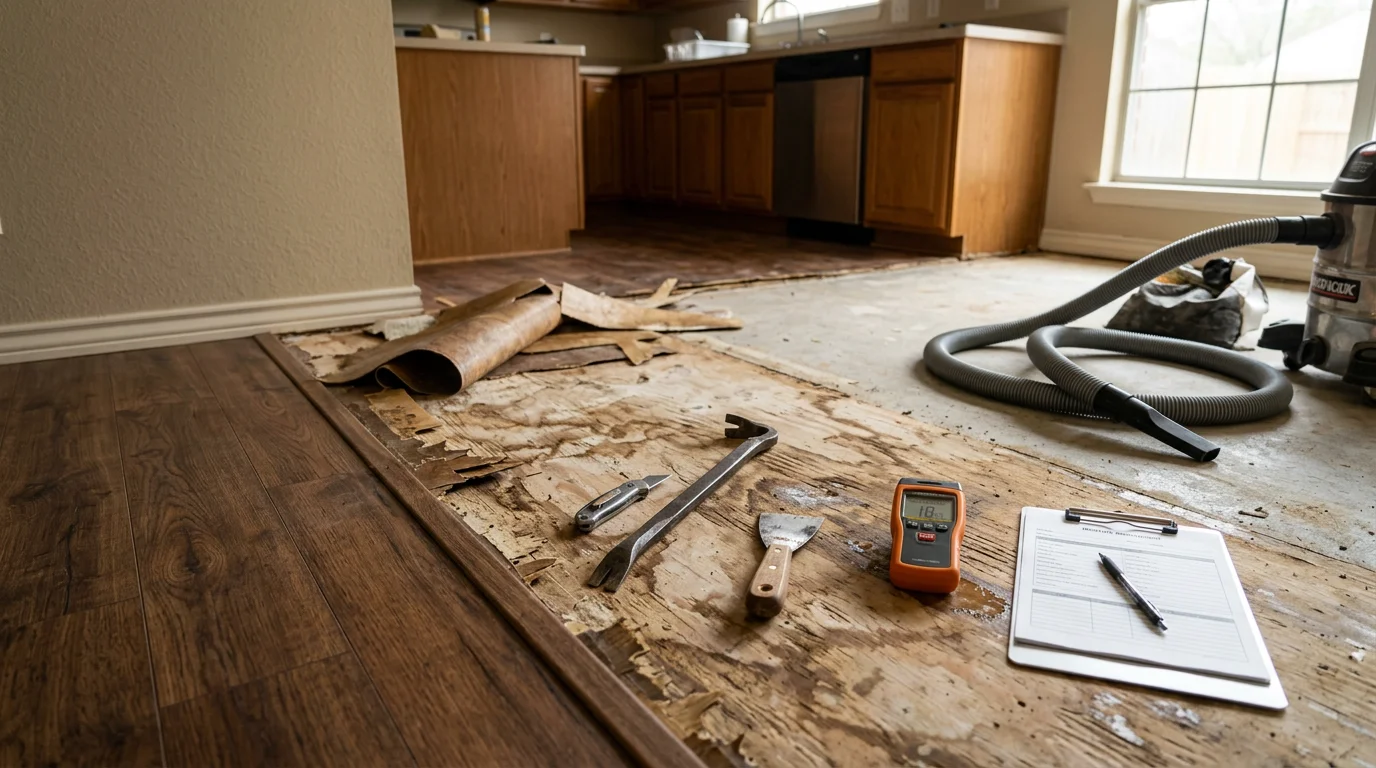 Flooring contractor removing old worn flooring in a Tyler, TX residential home, with subfloor exposed and ready for new installation. The room shows a clean demolition with debris cleared and walls protected.