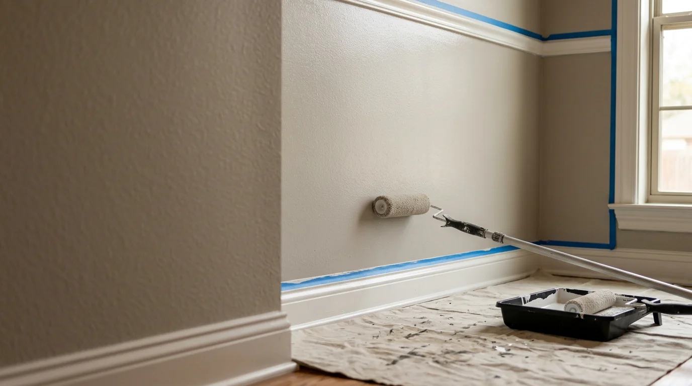 Freshly painted interior living room walls in a residential home in Tyler TX, showing clean edges, smooth coverage, and a bright, updated finish. A painter from Unique Designs ETX LLC works along a wall with careful attention to trim lines.