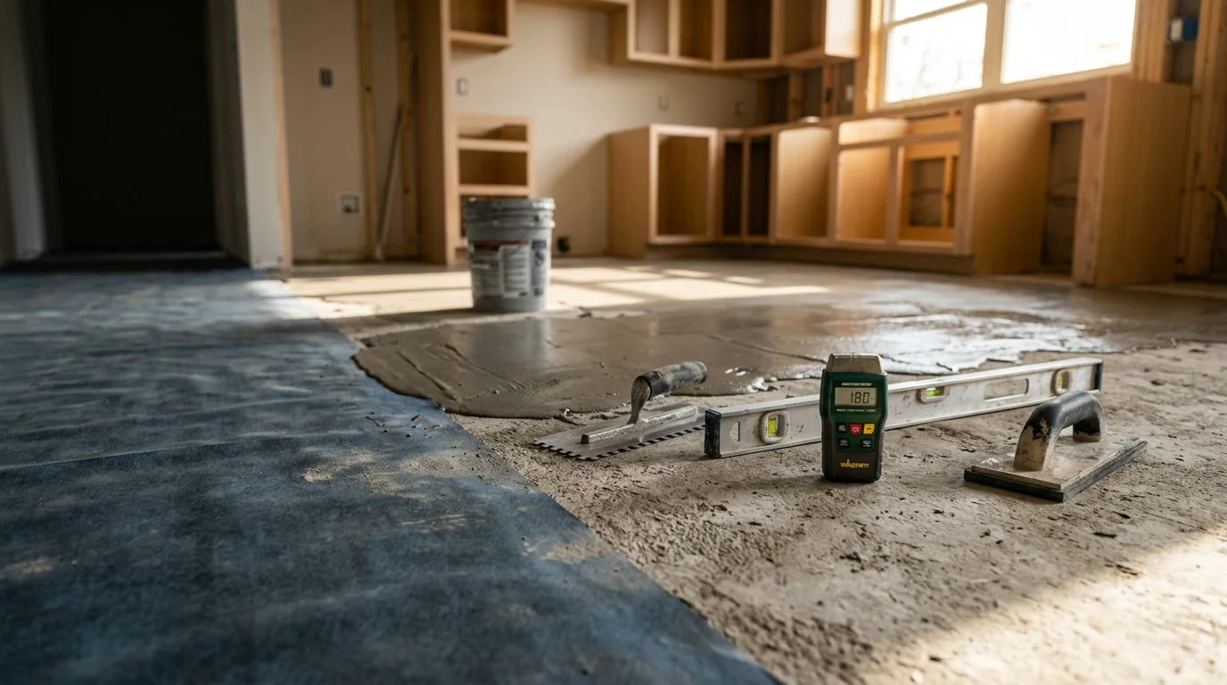 Newly installed kitchen flooring in a residential home in Tyler, TX, showing clean seams and a smooth surface extending to the base of kitchen cabinets. The finished floor reflects a high-end remodel result suited to an East Texas home kitchen.