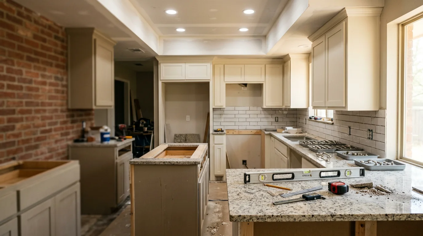 Finished kitchen remodel in a residential home in Tyler, TX, showing updated layout, new cabinetry, and coordinated surface finishes. Interior completed by Unique Designs ETX LLC for a local homeowner in East Texas.