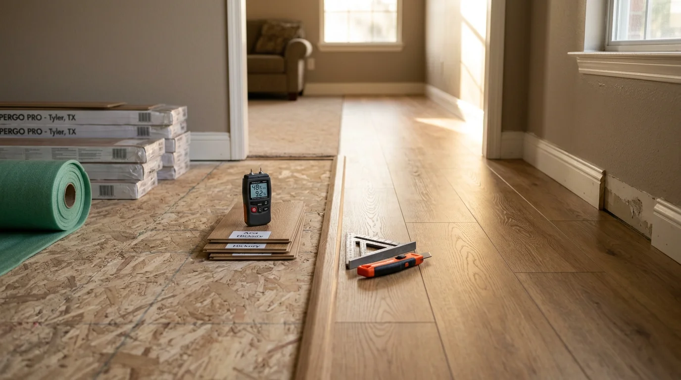 Freshly installed laminate flooring with a wood-look finish in a residential living room in Tyler, TX. Clean plank rows run toward a doorway with tight transitions and no visible gaps.