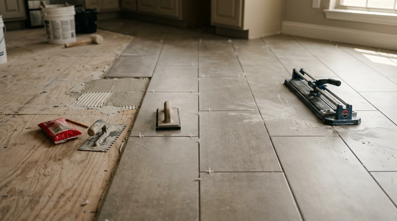 Freshly installed tile flooring in a residential living room in Tyler, TX, showing clean grout lines and a smooth, level surface. The room reflects a high-end remodel finish typical of East Texas home renovations.