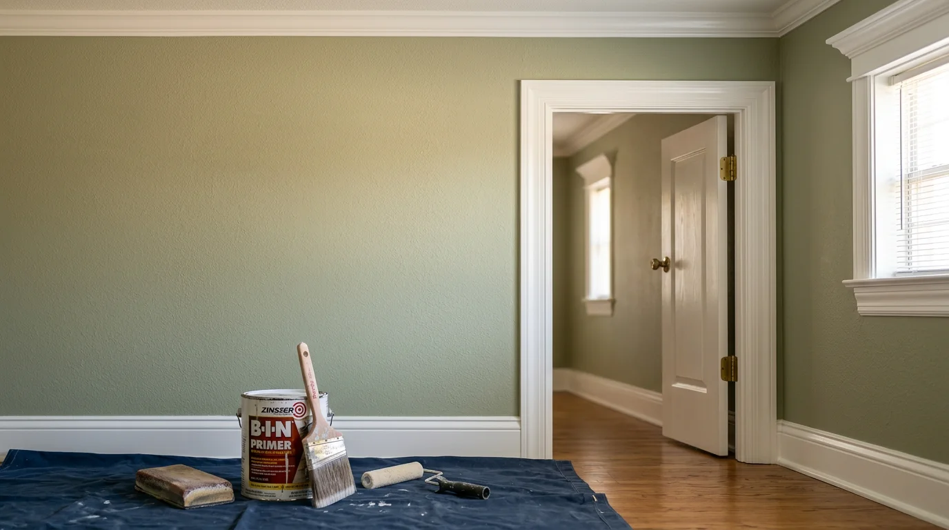 Freshly painted white baseboards and door frame trim in a residential living room in Tyler, TX, showing crisp edges where the trim meets the wall and flooring. Close-up view highlights smooth, even coverage on the wood molding after professional prep and painting.