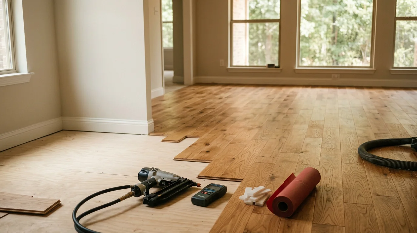 Freshly installed wood flooring in a residential living room in Tyler, TX, showing tight plank seams and a clean finish along the baseboard trim. Natural light from a window highlights the wood grain texture across the open-plan floor.